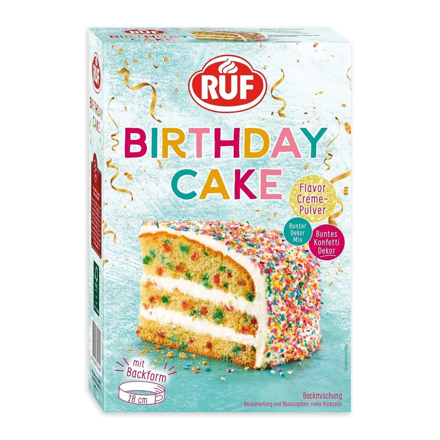 RUF Birthday Cake, Geburtstagskuchen, Schicht-Torte Aus Rührteig Und Konfetti-Streusel, Tortencreme Und Buntem Dekor-Mix, Für Kindergeburtstag, Familienfeier, Einschulung, 1X425G Icings and Decor Naty Shop 425 G (1Er Pack)