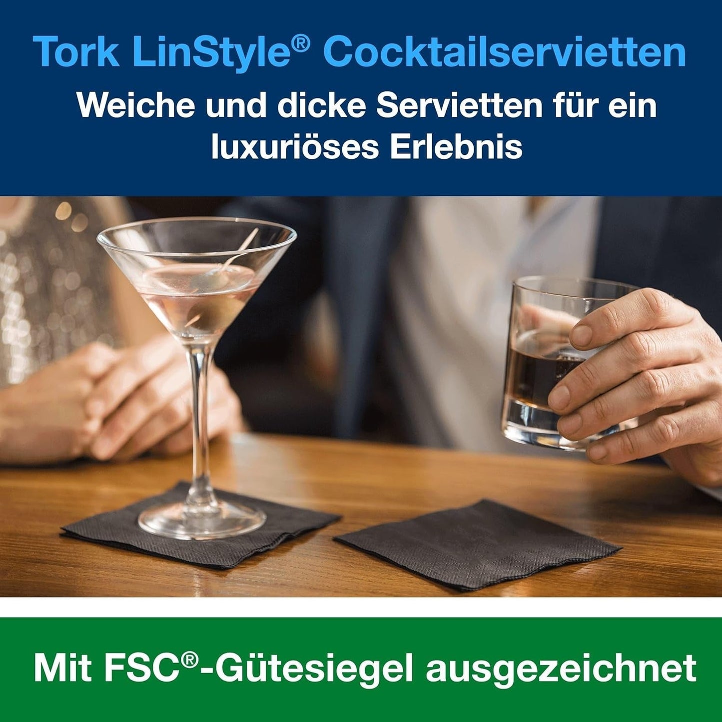 Tork Linstyle 509542 svarta cocktailservetter, 1/4-vikt, 1 lager, 23,8 x 23,8 cm, 1 x 100 servetter