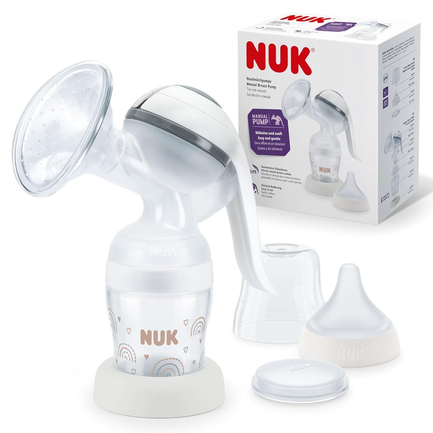 NUK manuell bröstpumpset, mjuk silikonkudde, 2 perfekt kombinerade flaskor, 150 ml Mat och amningstillbehör Bebe Naty Shop Handmilchpumpe
