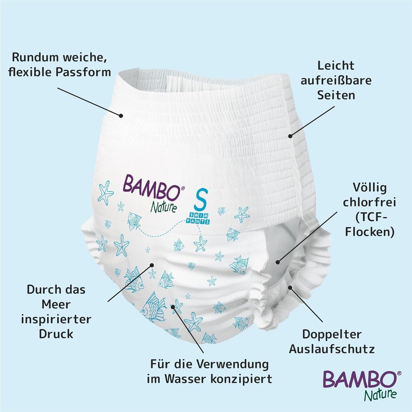 Bambo Nature Babysimblöjor, storlek S (7-12kg), 12 blöjor | Säker passform engångsbadblöjor | Vattentät komfort under vattenlek