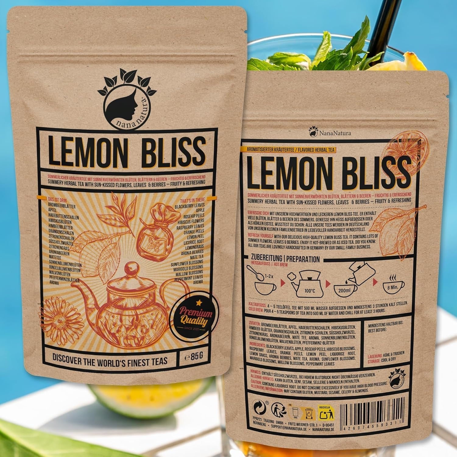 Nananatura'S Original LEMON BLISS TEA 85G | Fruktigt och uppfriskande sommarörte | Som kallt te, iste eller klassiskt varmt | Med blommor, löv och solmogna bär | Inget socker