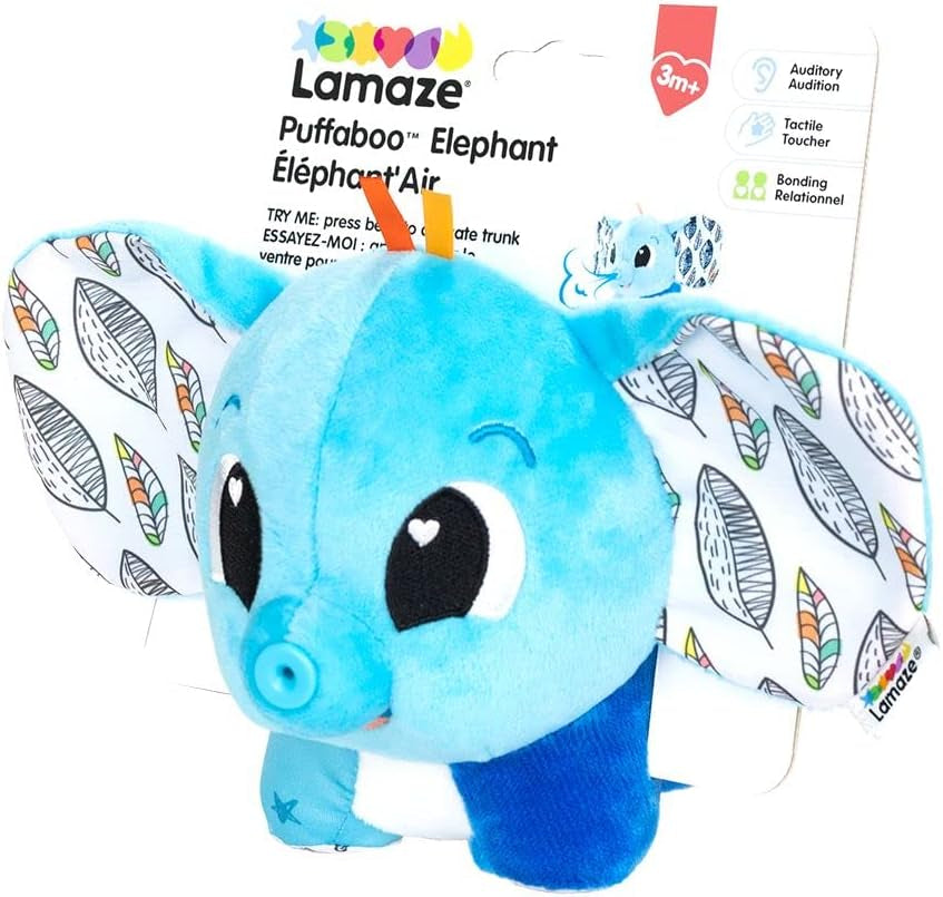 LAMAZE Elephant Puffaboo, nyfödd leksak, sensorisk babyleksak, present till nyblivna föräldrar, utvecklingsleksak för 3 månader pojkar och flickor, L27467 Babyleksaker Naty Shop
