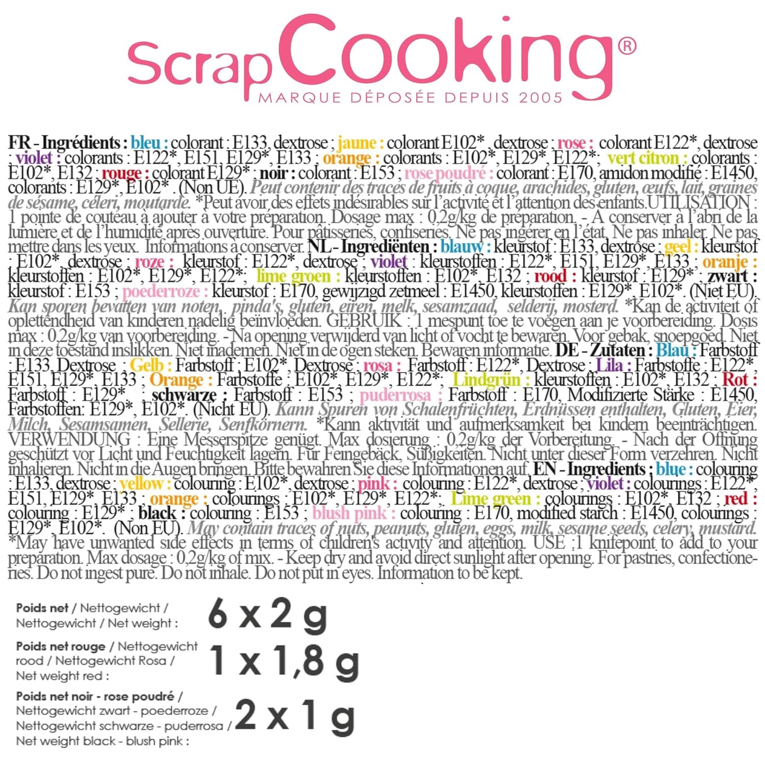 Scrapcooking - Set med 9 pulveriserade matfärger - blå, gul, rosa, lila, orange, limegrön, röd, pulverrosa, svart - ätbart färgpulver för kakor, muffins, macarons - 4270