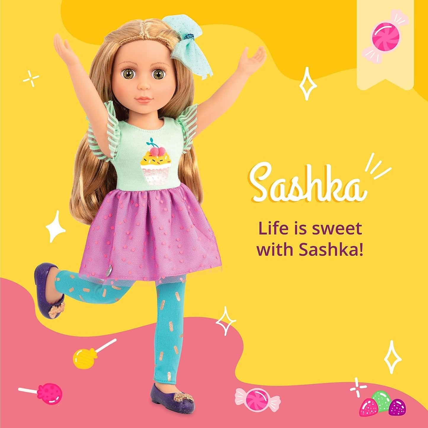 Glitter Girls - Sashka - 36 cm Bewegliche Modepuppe - Blond Haar och gröna Augen - Cupcake-Kleid mit Haarschleife - Glitzerschuhe & Gepunktete-Leggings - 3 Jahre +