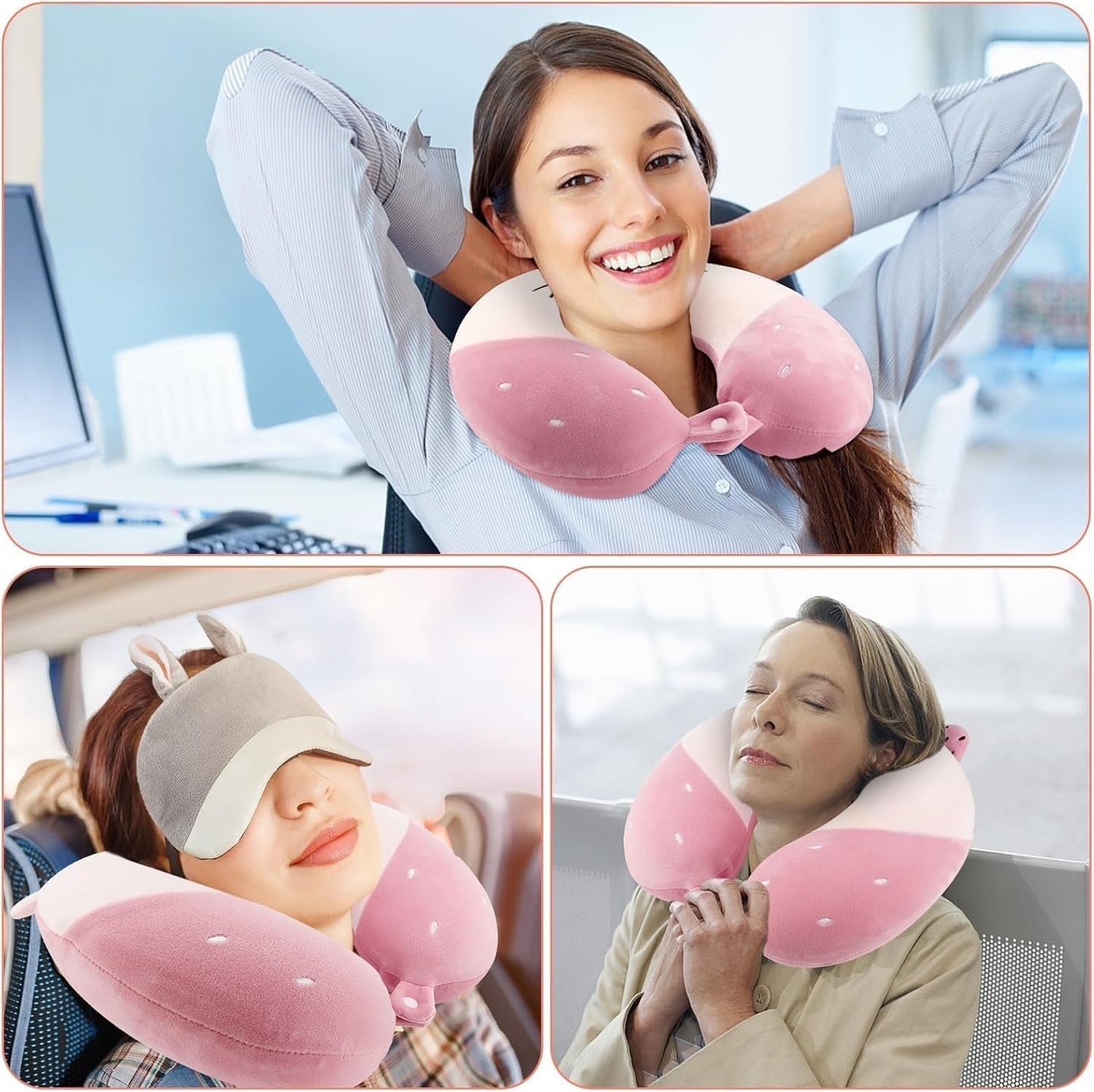 Litimkat Nackkudde för barn Bärbar nackkuddeï¼ŒResekuddeï¼Œ U-formad Memory Foam Kudde Resa Flygplan Bil Tåg Kontor Hem Söt Djurmönster Kuddfodral Avtagbar (Rosa) Cervikala ortopediska kuddar Naty Shop