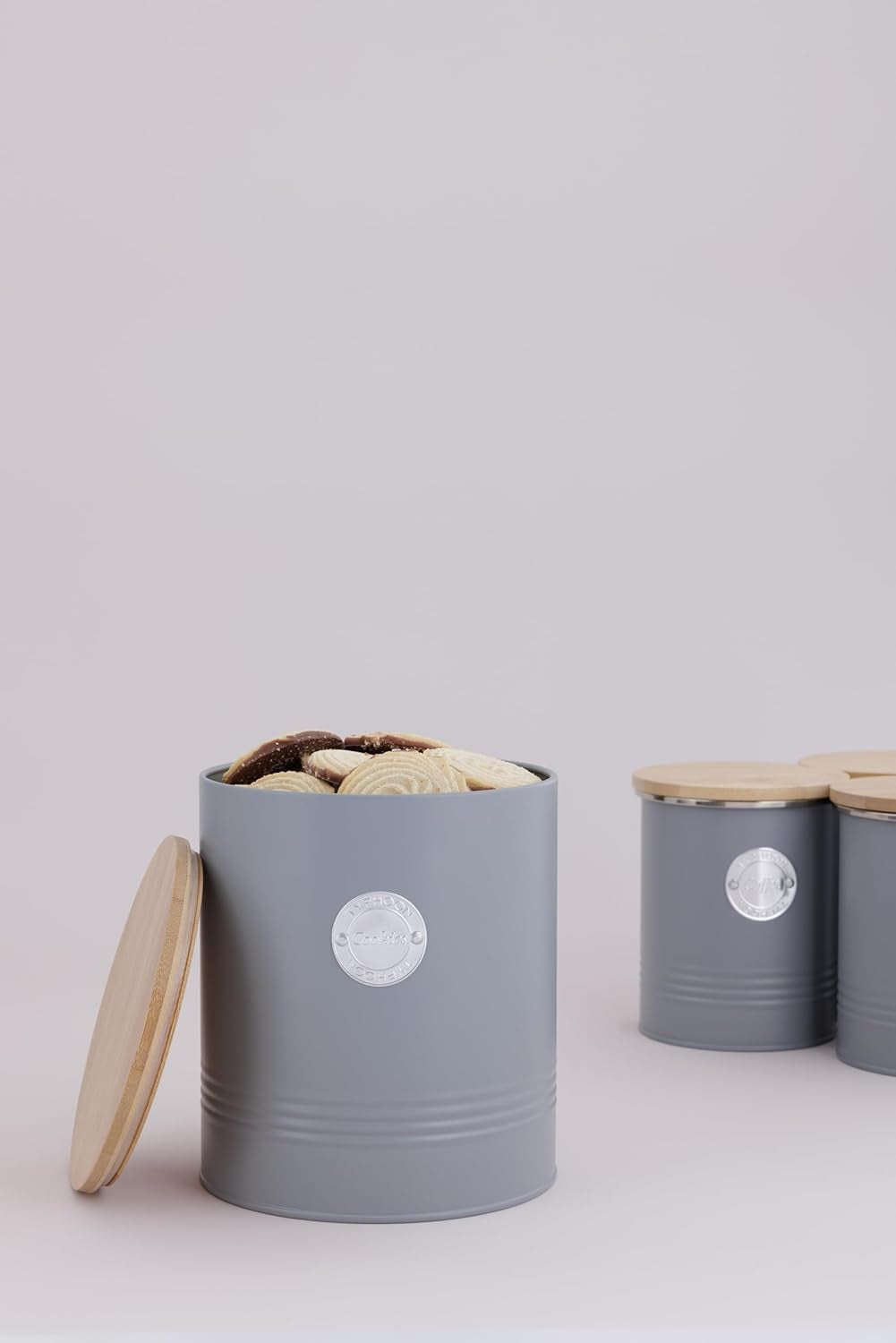 LIVING kollektion, kexburk med lock | pastellgrå | 3,4L förvaringsbox för kakor | kakburk i stål med lock | Bambu lufttäta förvaringsburkar med lock Naty Shop Food förvaringslådor