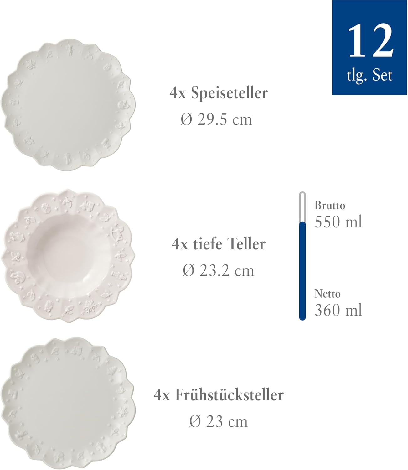 Villeroy & Boch Toy's Delight Royal Classic 12-delad servisset, diskmaskin och mikrovågssäker, vit, tallrikar, 4-personers servisset, julservis, leksaker, premiumporslin