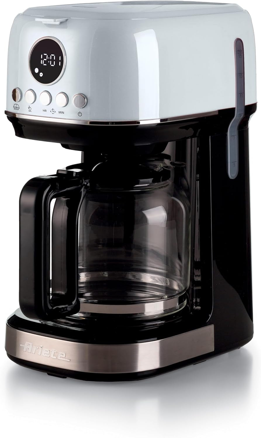 Ariete Moderna 1396 Filter Espressomaskin för att göra amerikanskt kaffe Upp till 15 koppar Glaskaraff Värmeplatta LCD-skärm Avtagbara och tvättbara filter Vita