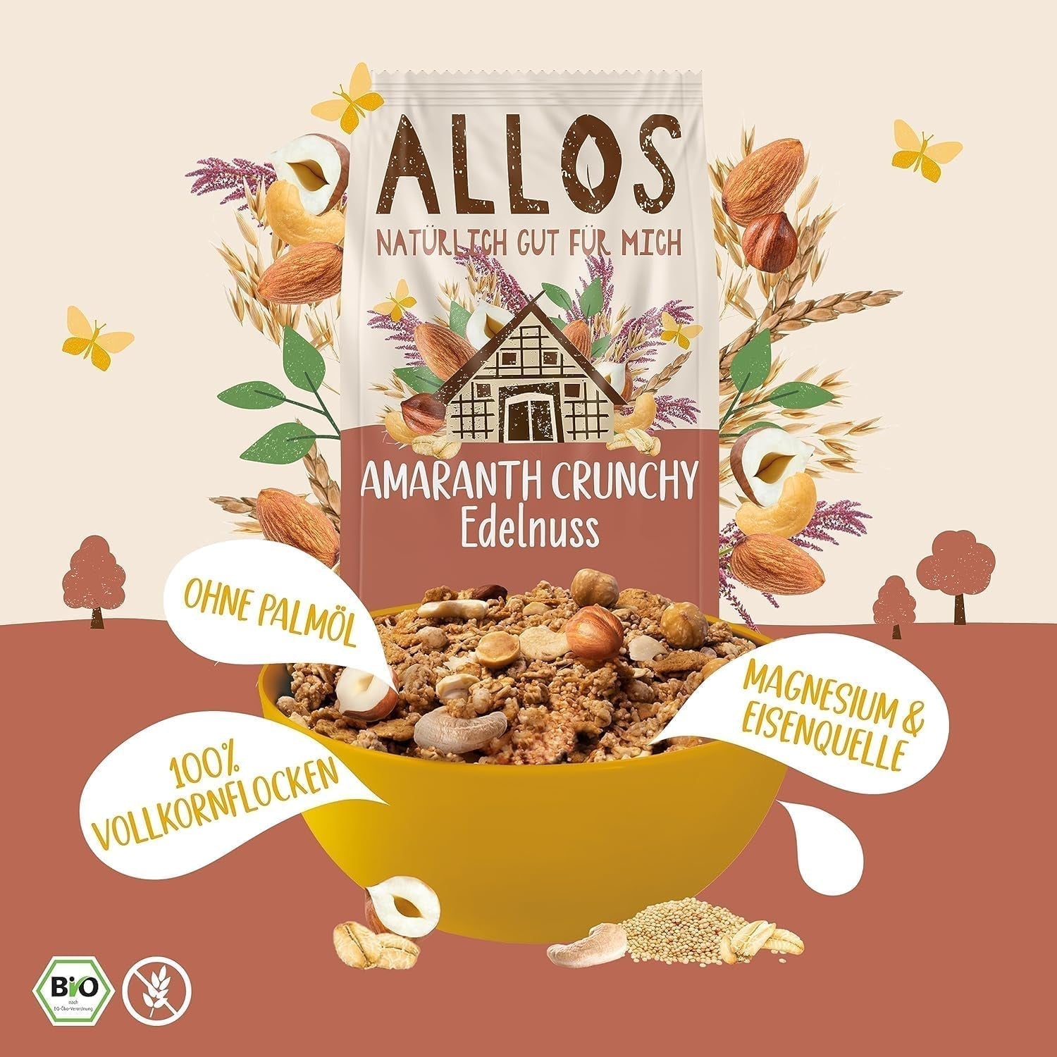ALLOS Amaranth Crunchy Nobleuss | Ekologisk müsli Nut Oats Cereal för den lilla Cereal Naty Shop