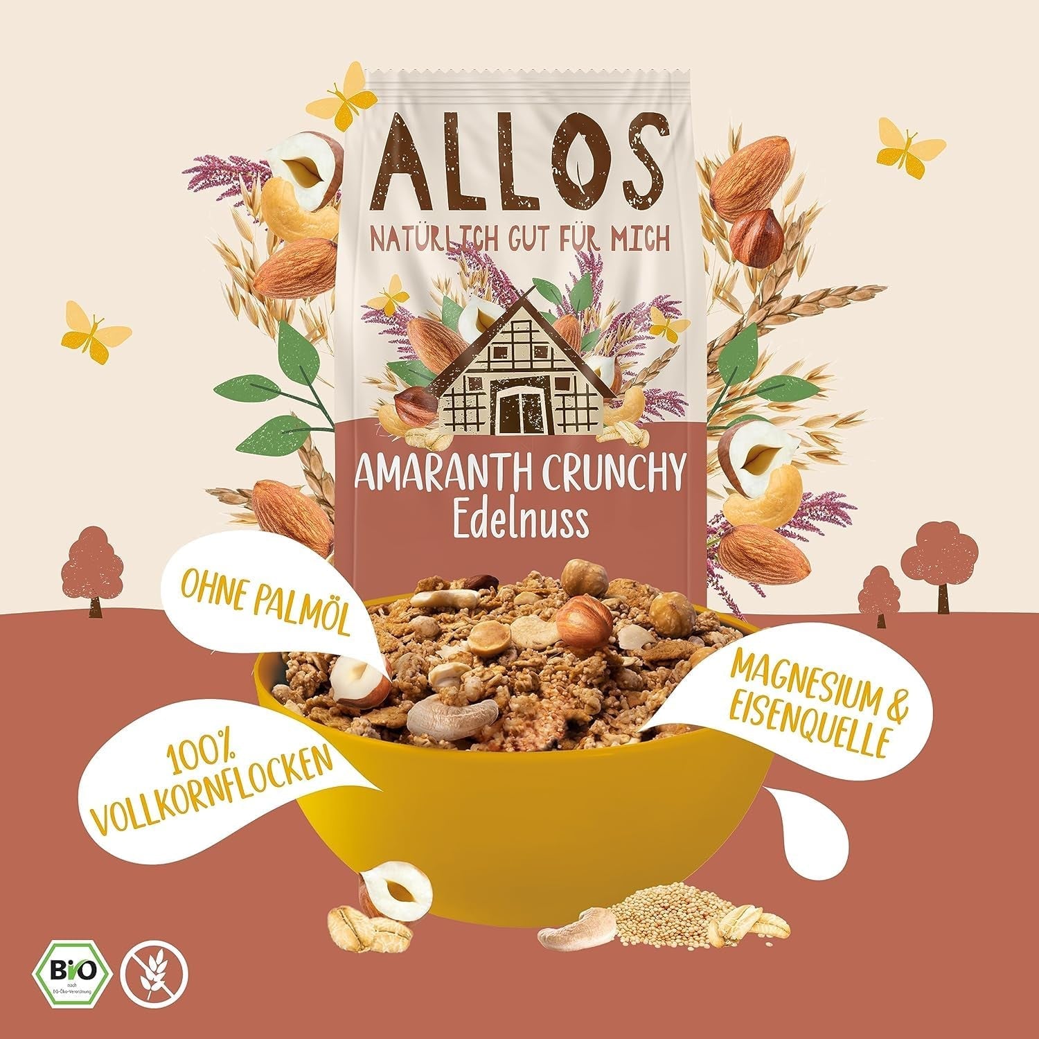Premium krispig müsli med valnötter och amaranth Allos | Ekologisk müsli | Müsli med nötter | Havregryn | Spannmål till frukost | Vegan | Förpackning om 6 (6 x 400 g)