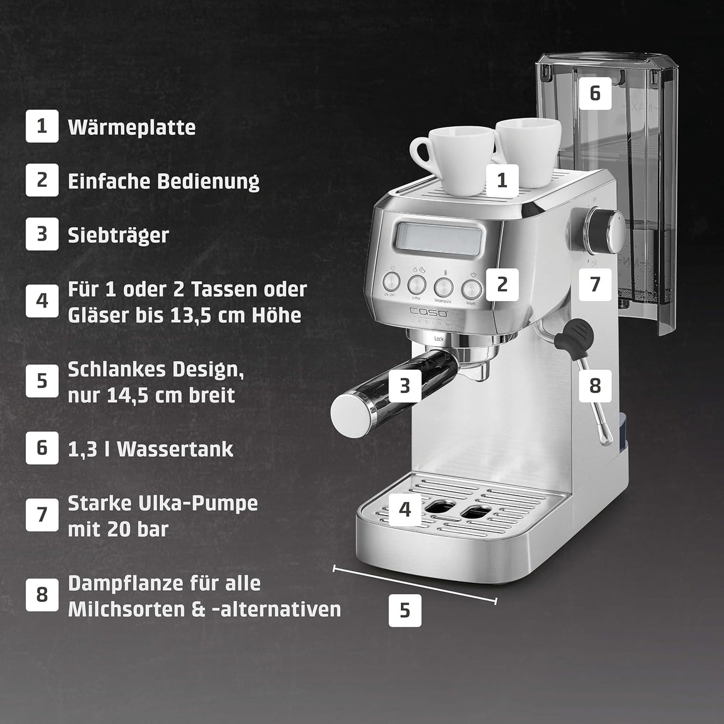 CASO EspressoGourmet Crema - Portafilter espressomaskin med mjölkskummare, espresso, cappuccino, rostfritt stål portafilter, ULKA 20 bar pump, kaffemaskin, malet kaffe, ESE kapslar