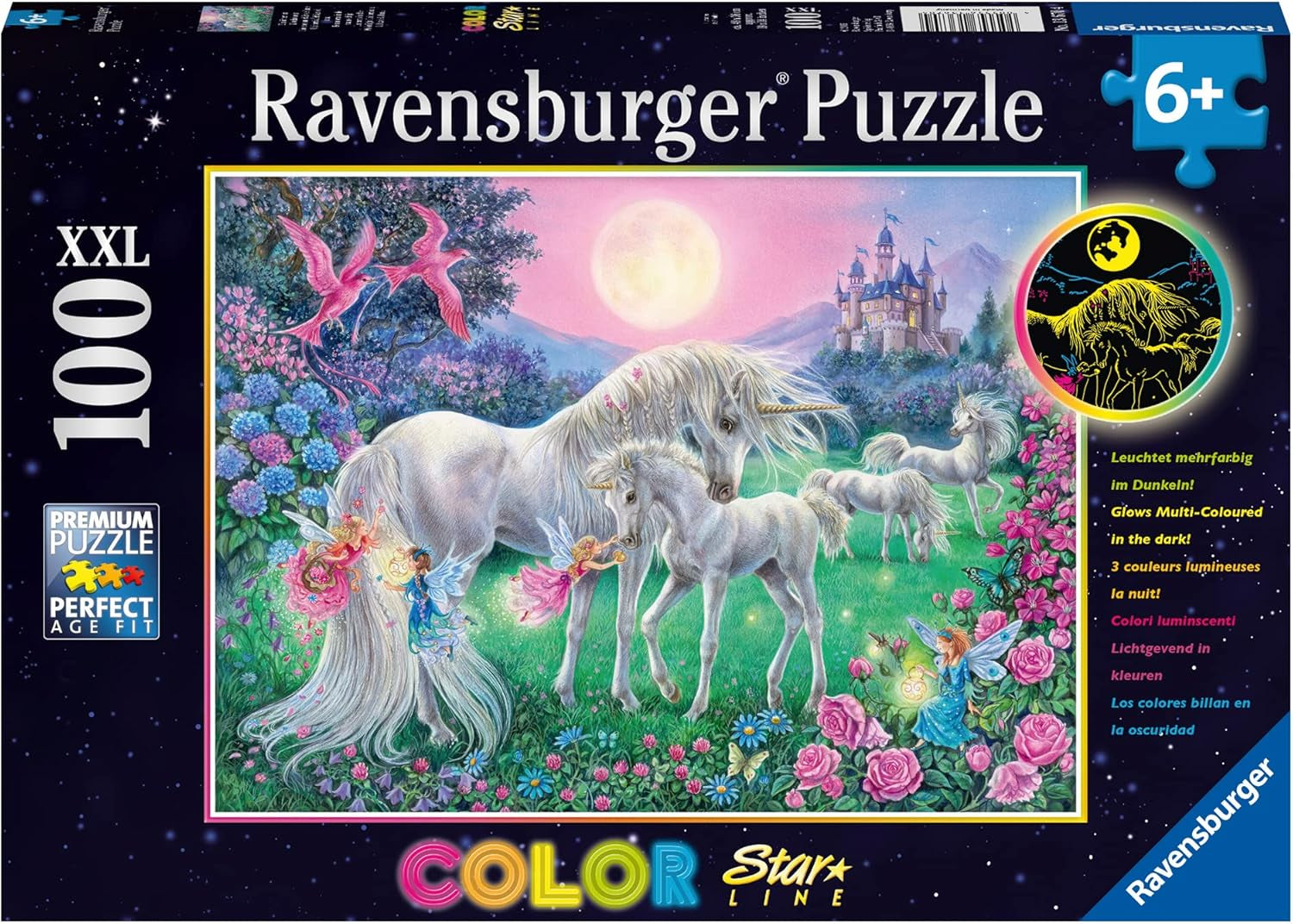 Ravensburger Pussel för barn - 13670 Unicorns in the Moonlight - Unicorn Light Up Pussel för barn 6+ 100 bitar XXL-storlek, Glows in the Dark Pussel Naty Shop Enhörningar i månskenet