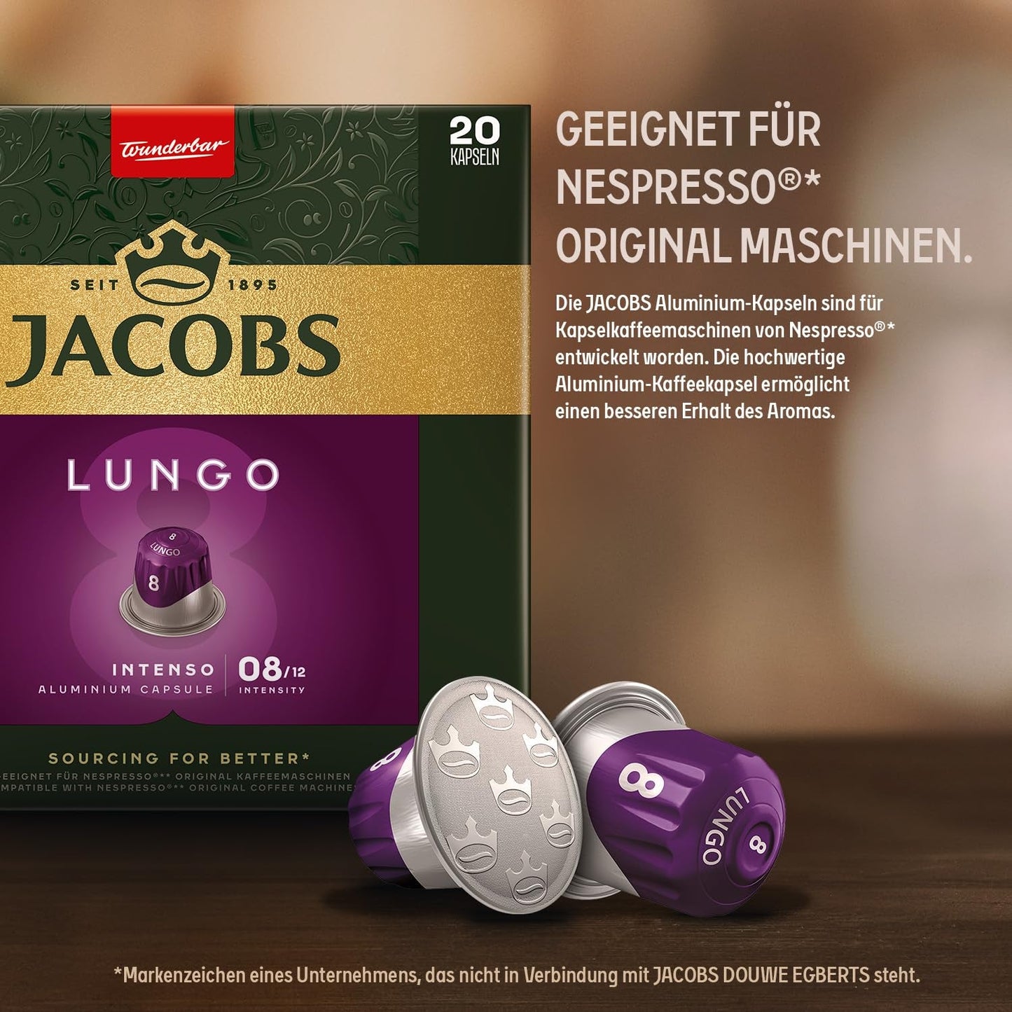 Jacobs Kaffeekapseln Lungo Intenso, Intensität 8/12, 10 x 20 Getränke, Nespresso* kompatibel Kaffee Kapseln, 200 Kapseln