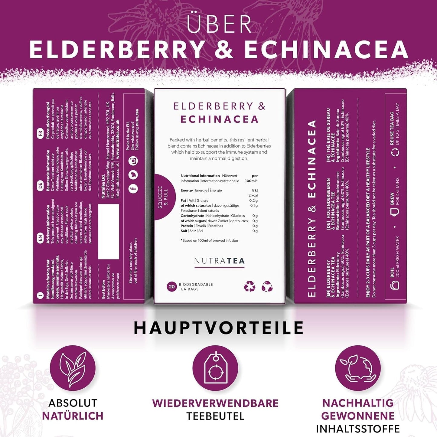 Nutra-te fläderbär & echinacea, immunitets- och förkylningste, immunstödste, kallkamp, ​​20 återanvändbara tepåsar, naturligt örtte
