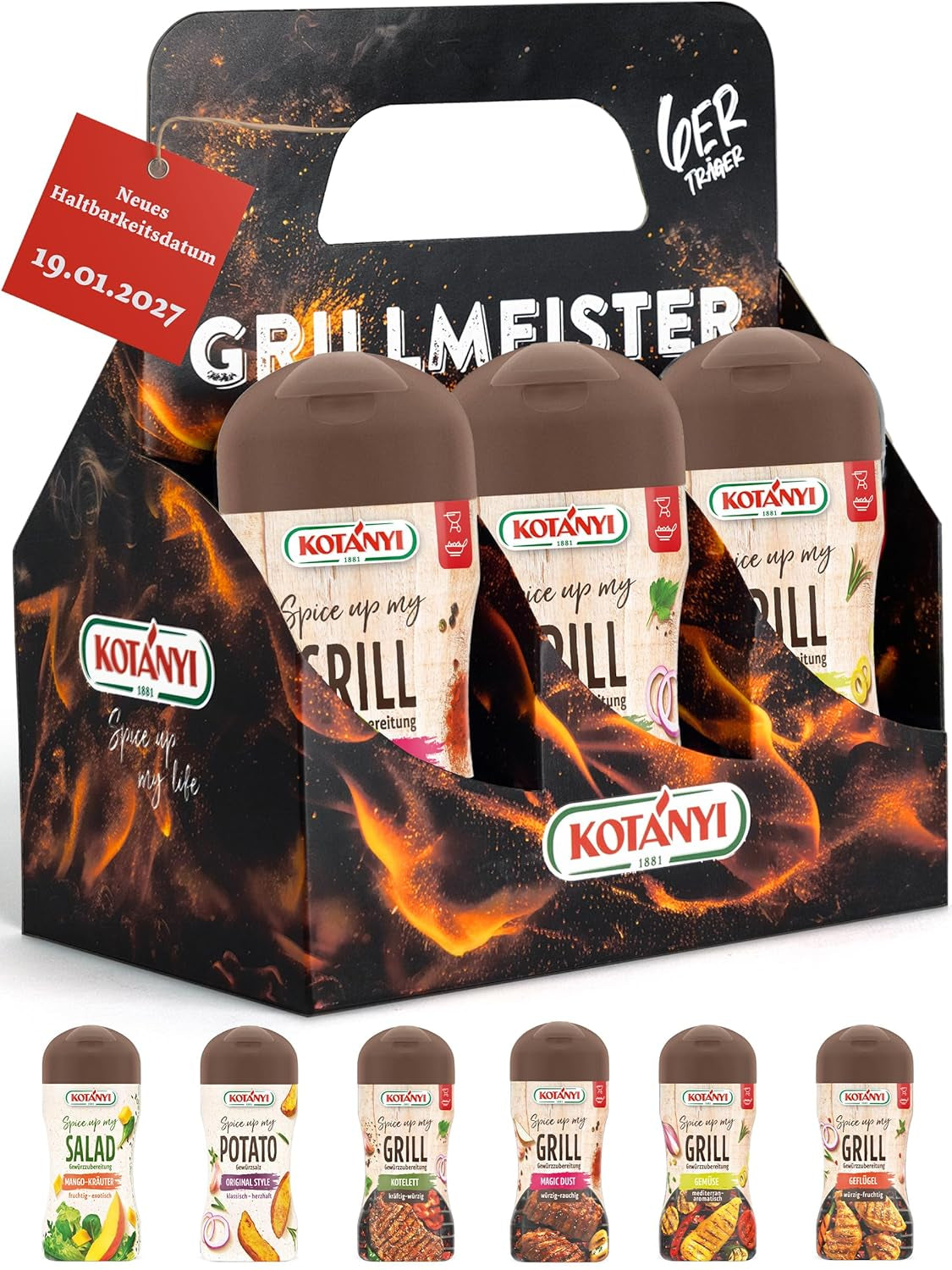 KOTÁNYI Grill Spice Present Set - 6er Carrier - Presenter för män - Grill Zubehör & Spice Set für jedes BBQ - Grill Zubehör inkl. Magic Dust - [Jetzt Geburtstagsgeschenk für Männer bestellen!]