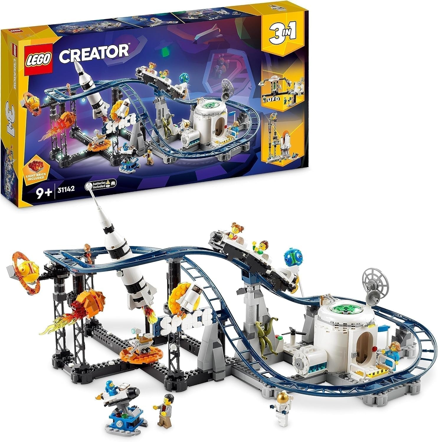 LEGO 31142 Creator 3-i-1 Space Rollercoaster Toy Kit för småbarn med funktionella vagnar, konverteras till Free Fall Tower eller karusell med raketer och glödande klossar Byggset Besuche den LEGO-Store Single
