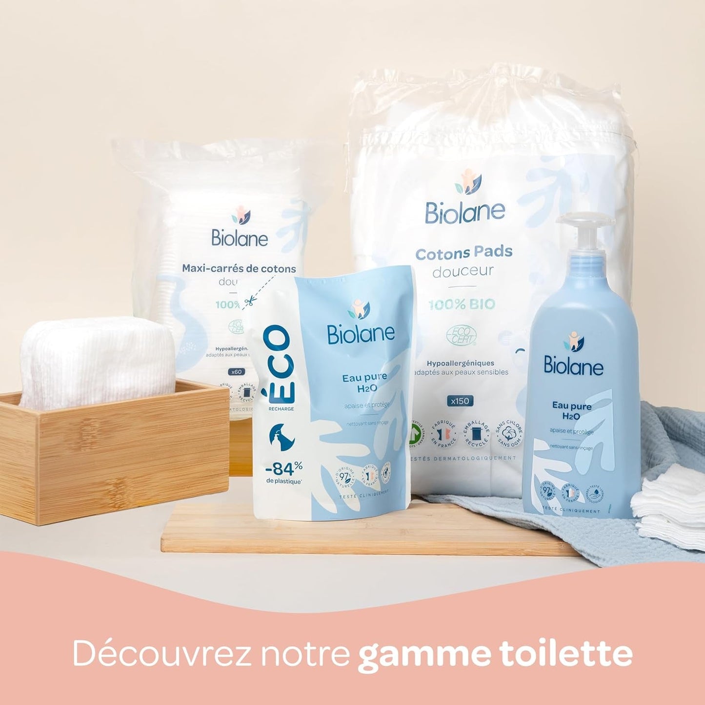 BIOLANE 12 Maxi Squares Wet Pads - Bebisar - 100% Ekologisk - 720 Bomull - för känslig hud - Ombyte och toalettartiklar - från födseln - tillverkad i Frankrike