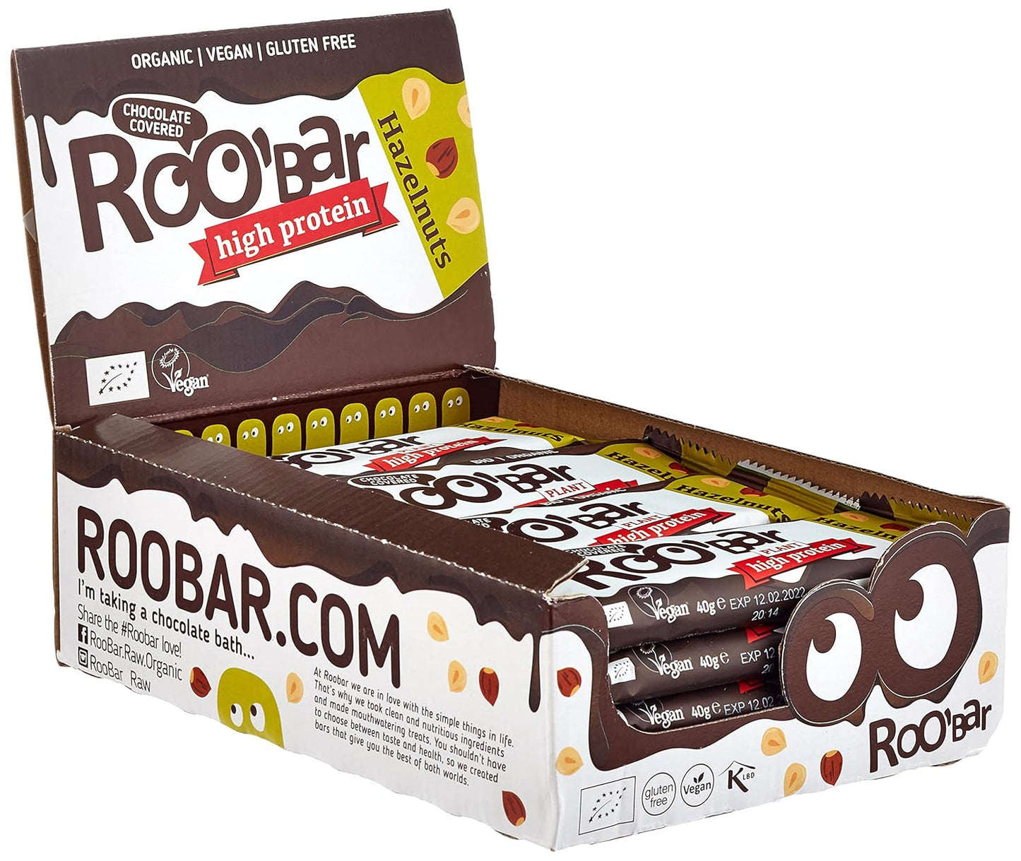 Högproteinchokladglaserade hasselnötsbars - 100 % ekologiska, veganska, fruktbarer, mejerifria, glutenfria, raffinerade sockerfria - 16 barer x 40 g