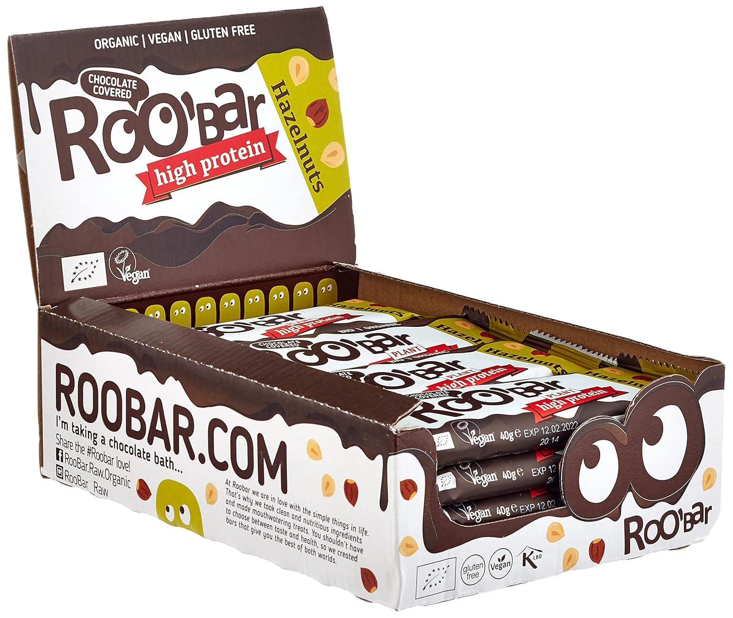 Högproteinchokladglaserade hasselnötsbars - 100 % ekologiska, veganska, fruktbarer, mejerifria, glutenfria, raffinerade sockerfria - 16 barer x 40 g