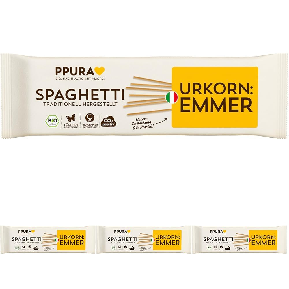 PPURA Ekologisk Spaghetti Pasta med Emmer 500g, 100% naturlig emmer Spaghetti, tillverkad i Italien - Italiensk pasta utan tillsatser, färgämnen eller konserveringsmedel