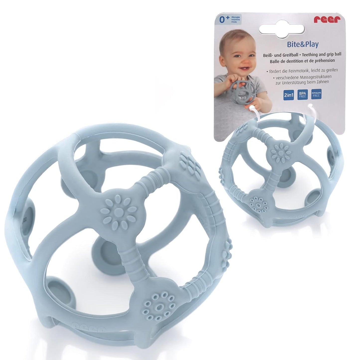 Reer Bite&Play Baby Teether Ball and Catcher, Bitring och leksak för småbarn, bra present