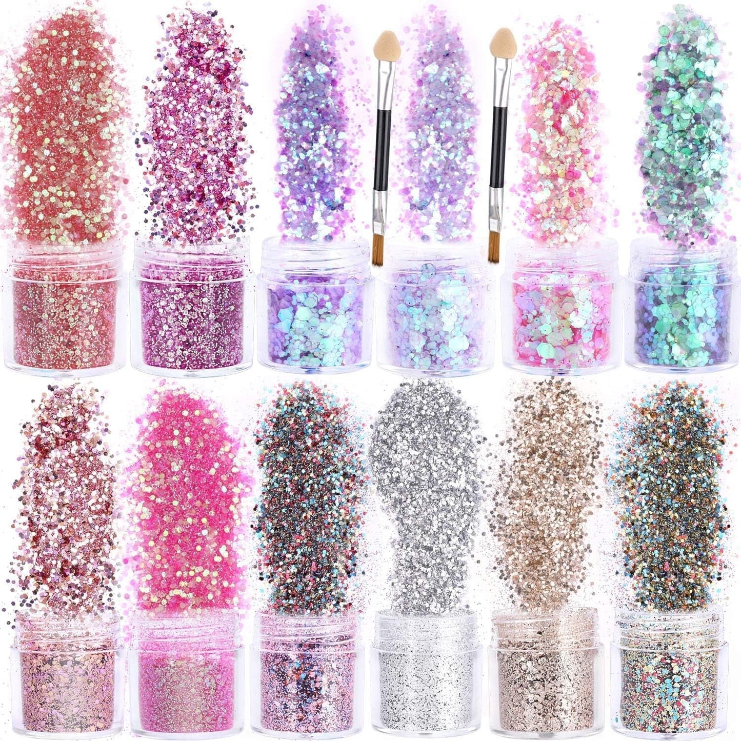 HOWAF 12 lådor Nail Glitter Ansikte Kroppsborste Glitter Smink Nagel Glitter Ögon Läpp Hår Kroppsdekoration Halloween Julfestival Maskerad Smink Tillbehör