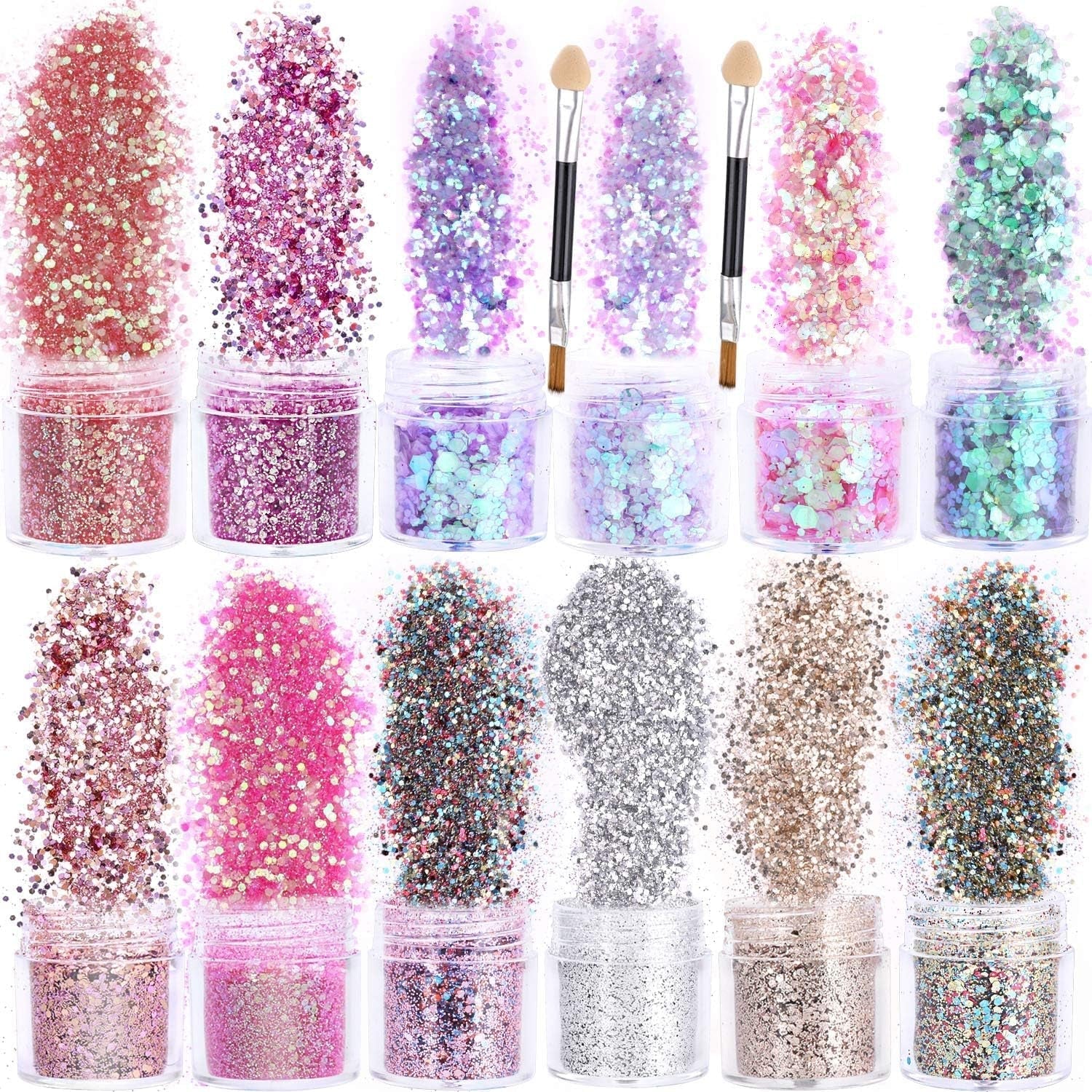 HOWAF 12 lådor Nail Glitter Ansikte Kroppsborste Glitter Smink Nagel Glitter Ögon Läpp Hår Kroppsdekoration Halloween Julfestival Maskerad Smink Tillbehör