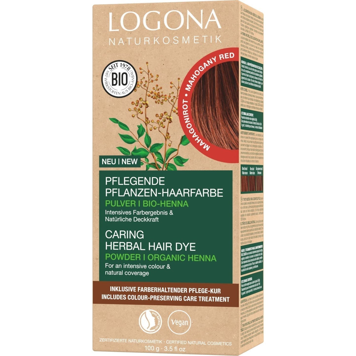 LOGONA Natural Cosmetics Örtvårdande hårfärg, organiskt hennapulver Vegansk hårfärg för intensiv färg och glans, örtfärgat hår i kopparblond (blond), 1 x 100 g Naty Shop Mahognyröd hårfärg 100G (1 förpackning)