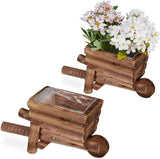 Relaxdays Planter Skottkärra, Set med 2, Trädgårdsdekoration, H x B x D: 12,5 x 26 x 12 cm, Blomstervagn för plantering, Trä, Naturlig