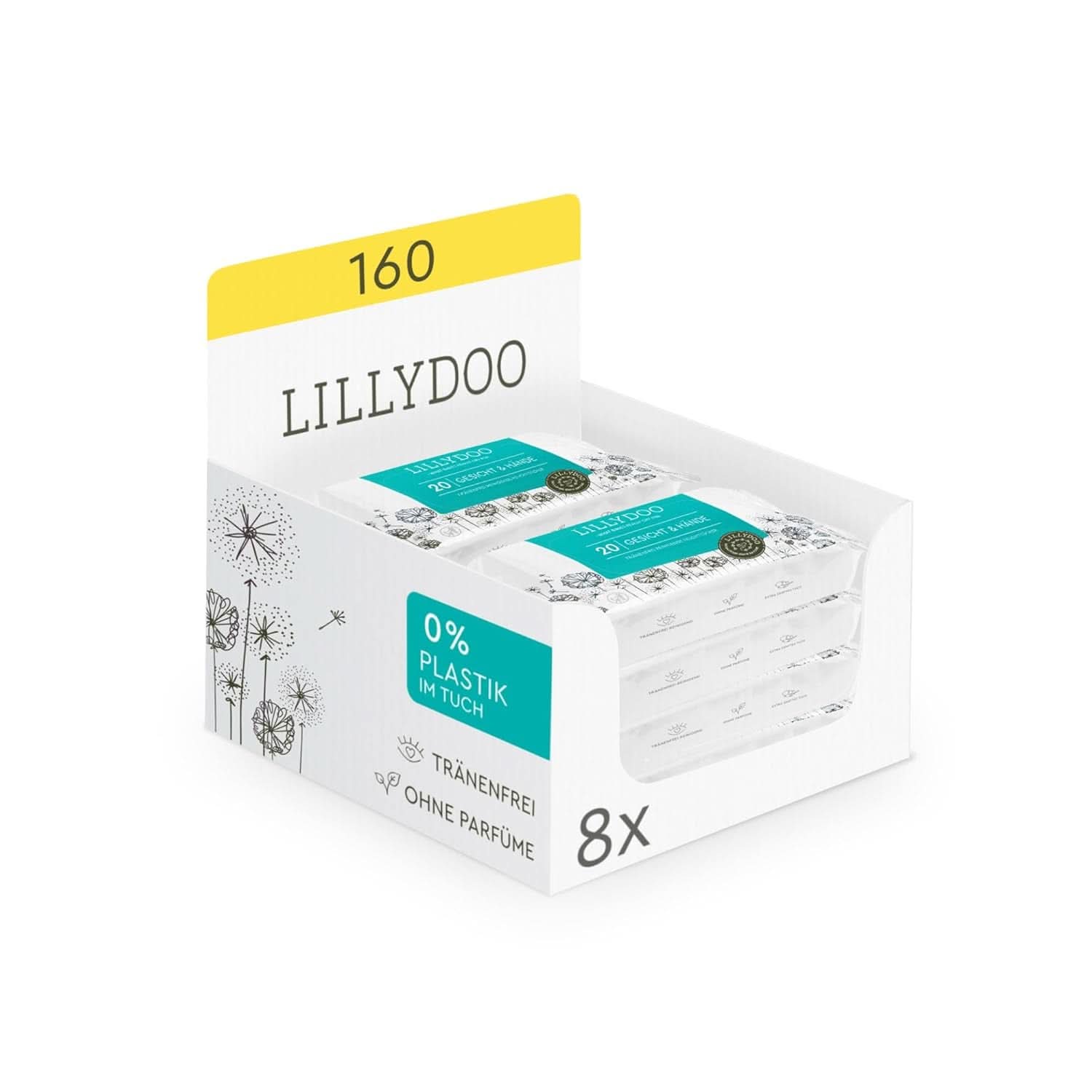 LILLYDOO Feuchttücher Gesicht & Hände 160 Stück (8 X 20), 100 % Plastikfrei Naty Shop
