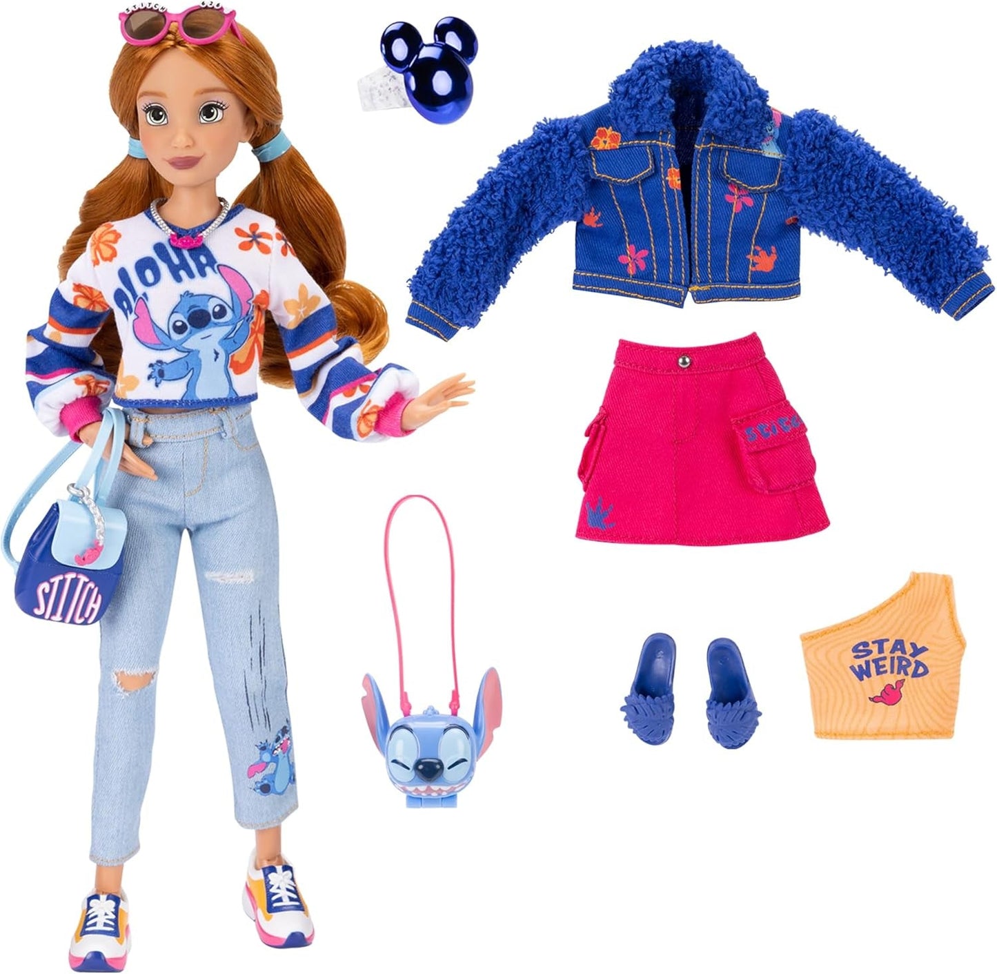 Disney ILY 4EVER Stitch modedockor med rött hår, 29 cm långa, med 13 artikulationspunkter, två kompletta mix-and-match outfits och en gnistrande Musse ring för dig!