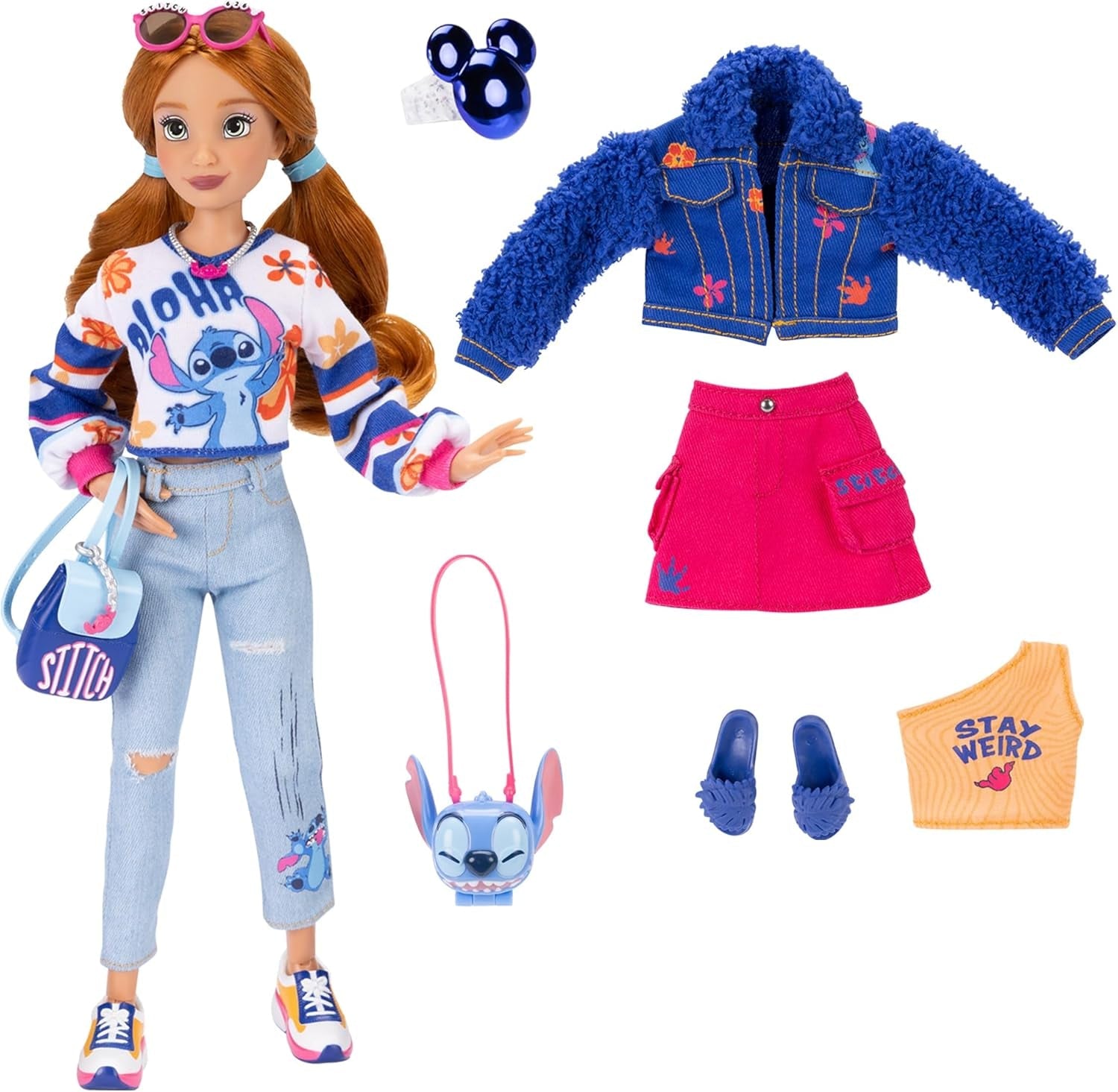 Disney ILY 4EVER Stitch modedockor med rött hår, 29 cm långa, med 13 artikulationspunkter, två kompletta mix-and-match outfits och en gnistrande Musse ring för dig!