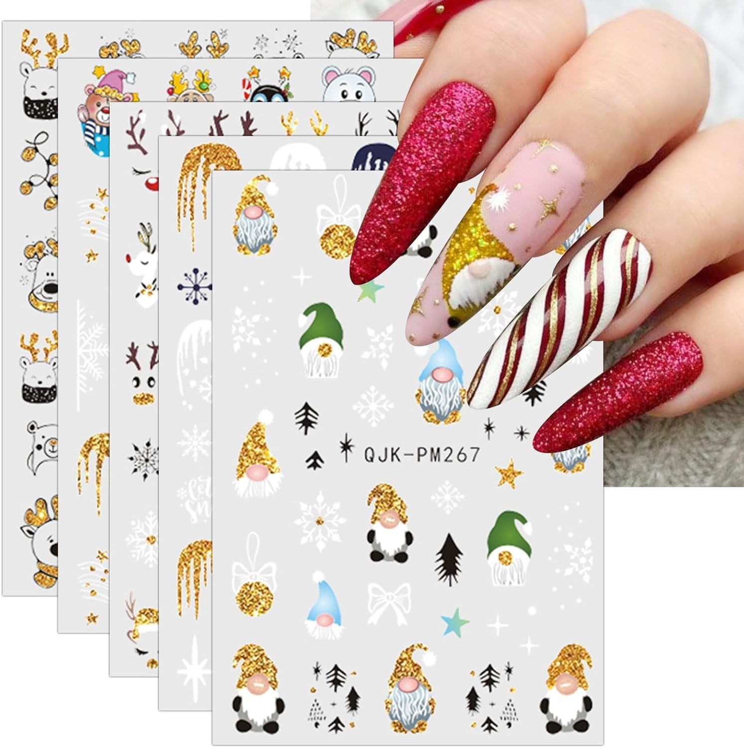 JMEOWIO Nagelsticker Weihnachten 10 Blatt Nail Art Sticker Selbstklebend Nagelaufkleber Glitter Schneeflocke Xmas Winter Urlaub Guld Dekoration Nageldesign Zubehör