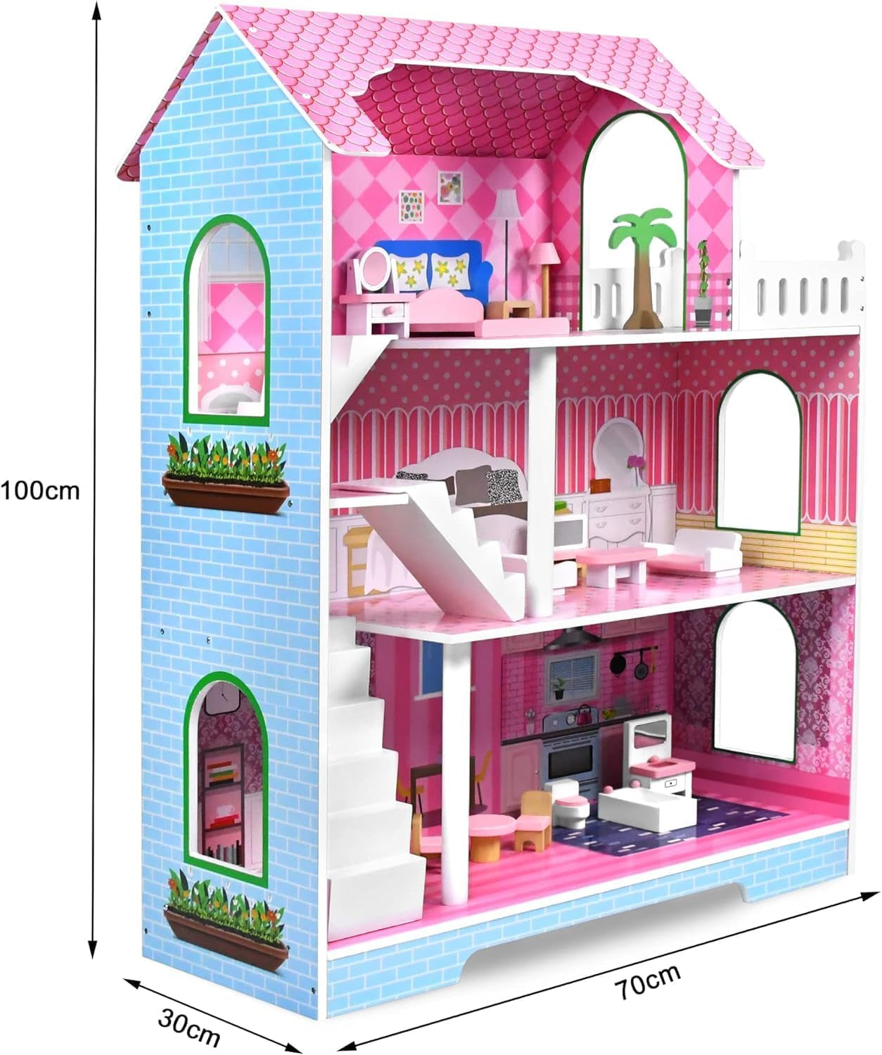 HENGMEI Puppenhaus Kinder Holz Puppenvilla Dollhouse Set Mädchen Spielset 3 Etagen Haus mit Möbeln och Zubehör, 70x30x100cm Puppenhäuser für Kinder (Typ B)