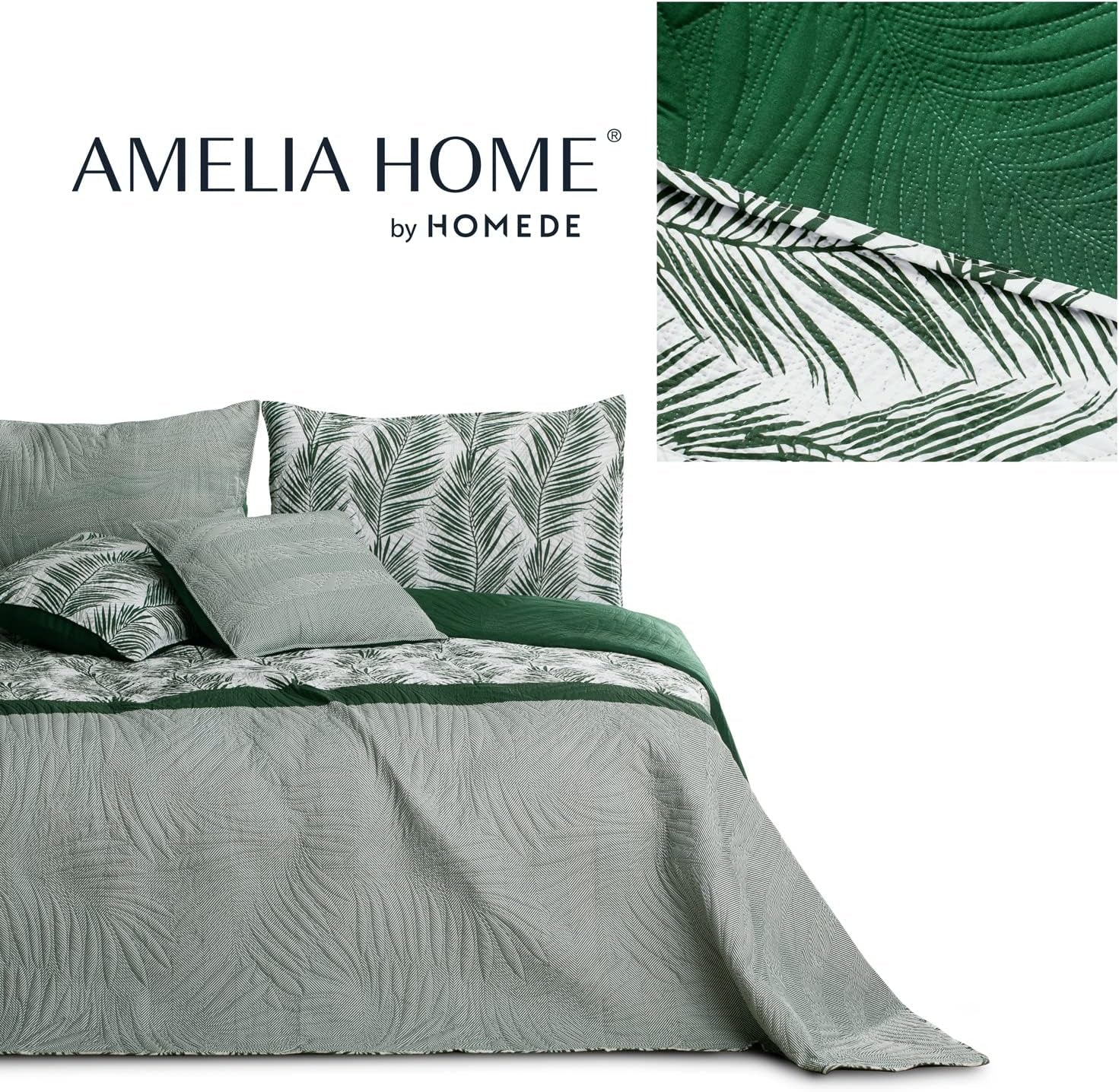 Ameliahome Överkast Överkast 170X210 Cm Dubbelsidigt Lättskött Överkast Växtmönster Grön Vit Tropiska Bonaire Sängar och filtar Besuche den AmeliaHome-Store
