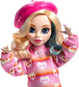Monster High onsdagsdocka och tillbehör Rosa Enid Sinclair samlarfigur med basker och ryggsäck dockställ HXJ05