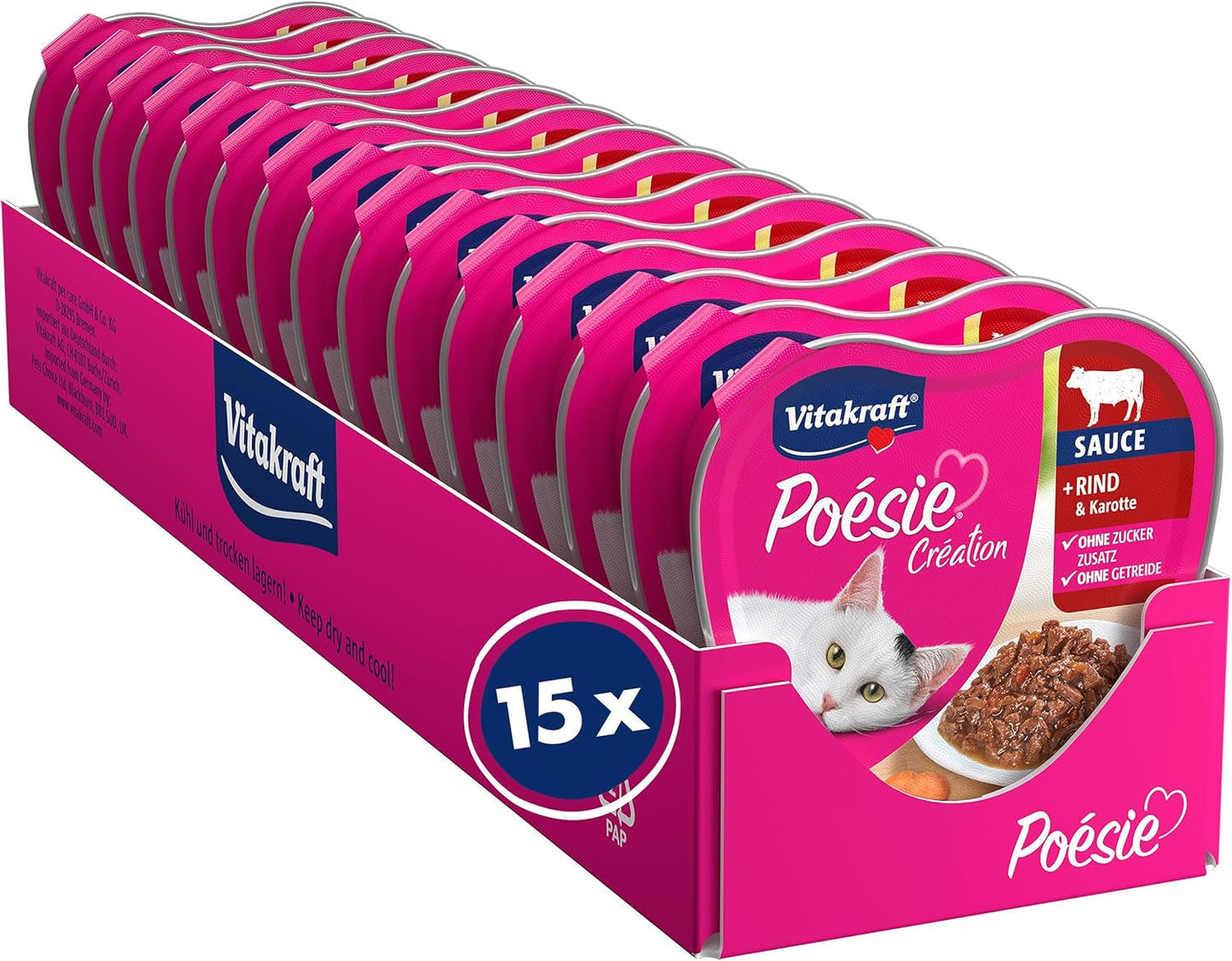 Vitakraft Poésie Création, våt kattmat, våtfoder i sås, med nötkött och morot, bulkförpackning, utan tillsatt socker eller spannmål (15 x 85g)