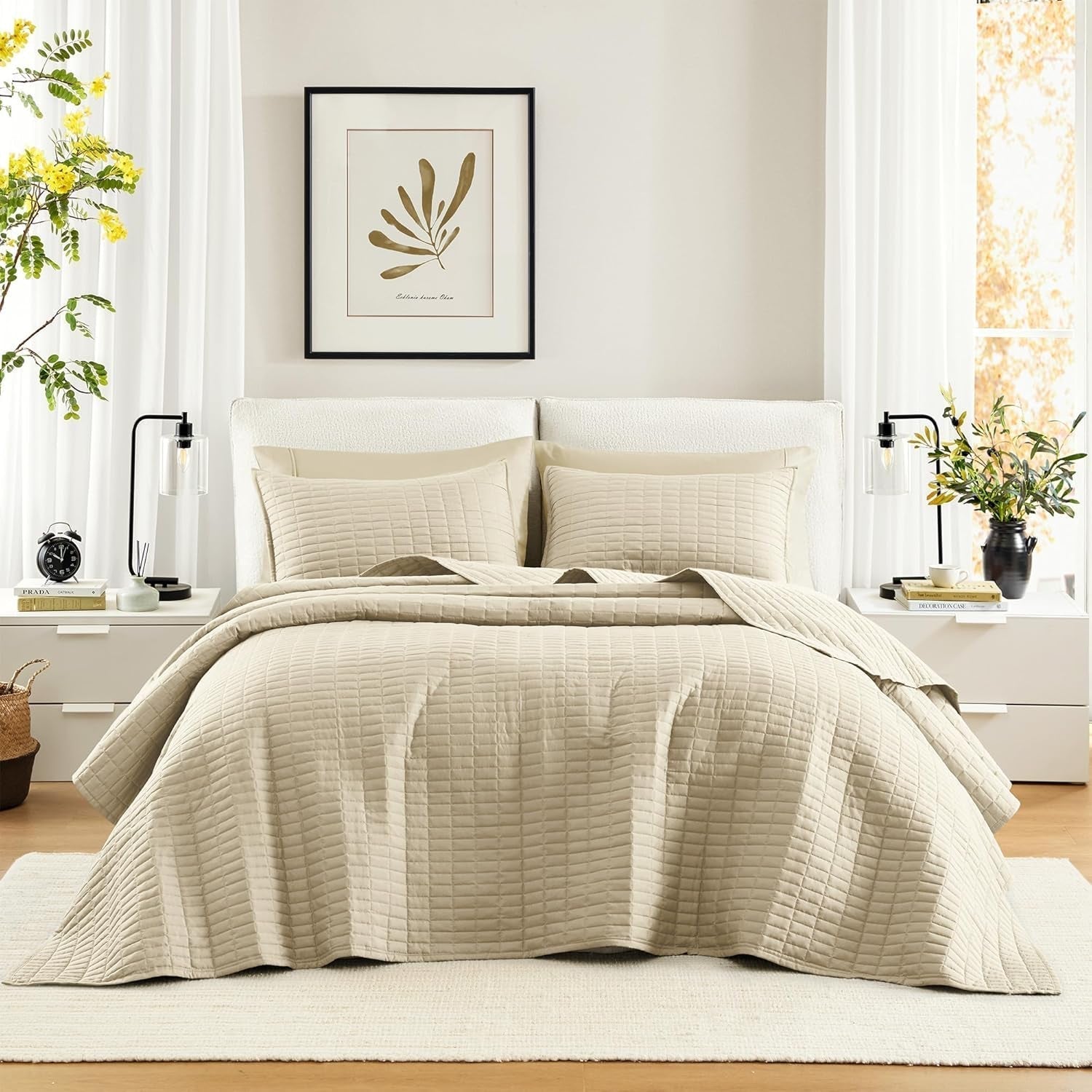 Comfort Spaces Kienna Quilt Set, Lyxigt Double Stitch Sommarfilt, Lätt, Mjukt Sängkläder för hela året, Matchande Örngott, Vit, Filt för King Size-sängar (264,2 X 228,6 Cm), Naty Shop Täcken & Quilts Ivory Color King Size