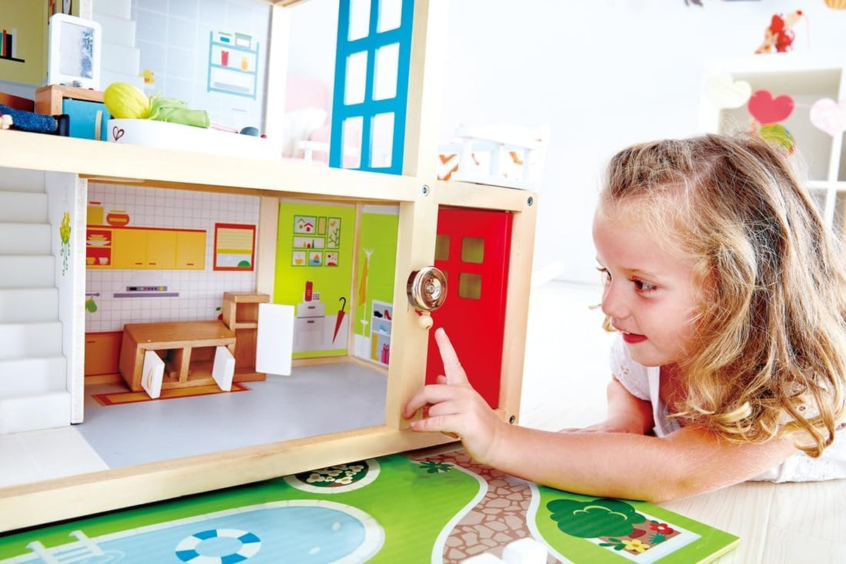 Hape dockvilla 10-rums dockhus i trä Kreativt rollspel inklusive möbler och tillbehör Pedagogisk leksak för åldrarna 3 och uppåt