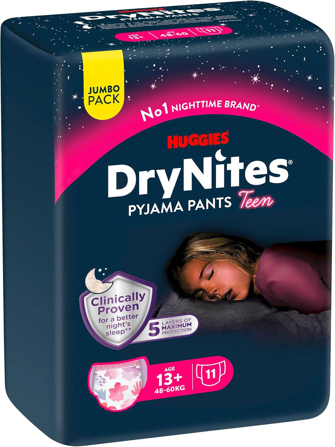 Huggies DryNites nattblöjor för sängvätning för flickor 13-ungefär 17 år (48-60 kg) 33 Count (3 x 11) Jumbo månadspaket XL blöjbyxor