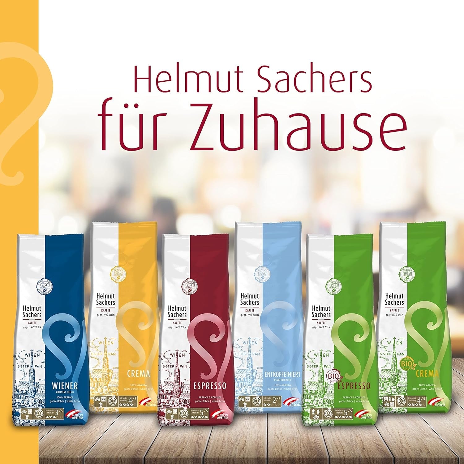 Helmut Sachers kaffe - grädde, styrka 4/5, 100 % Arabica, hela kaffebönor, 6 x 500 g