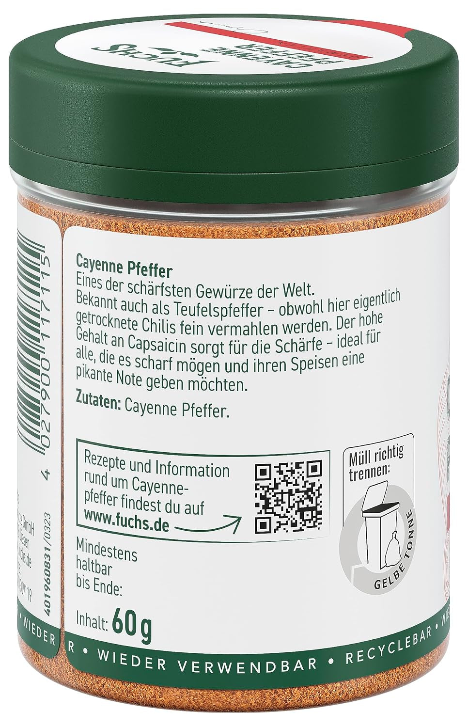 Fuchs Gewürze - Cayennepeppar gemahlen - för einen scharfen Geschmack i alla typer av rätter - naturliga ingredienser - 60 g i wiederverwendbarer, recyclebarer Dos