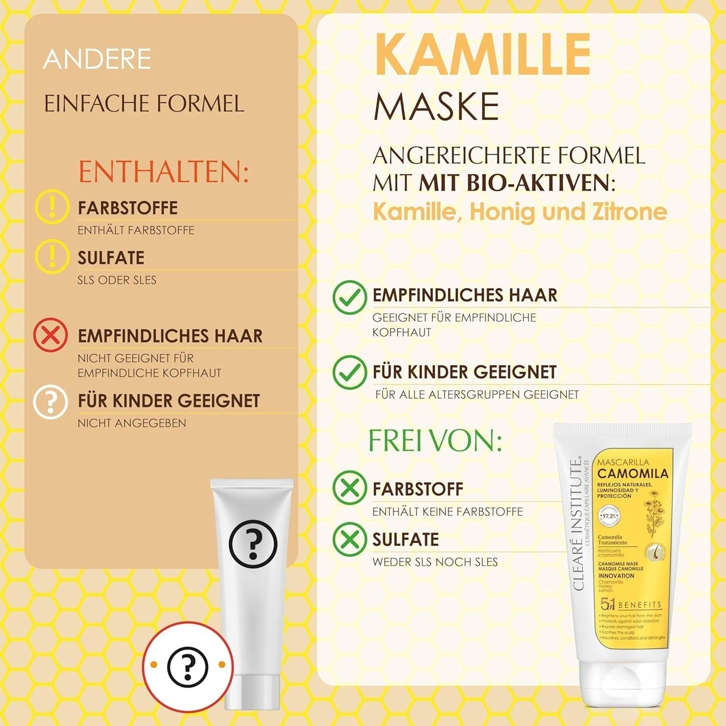 Clearé Institute | Kamomillmask | Ger näring, tillstånd och reder ut | Golden Shine and Shine | 97% naturliga ingredienser | Lugnar hårbotten Med kamomillextrakt |150 ml Naty Shop hårmask