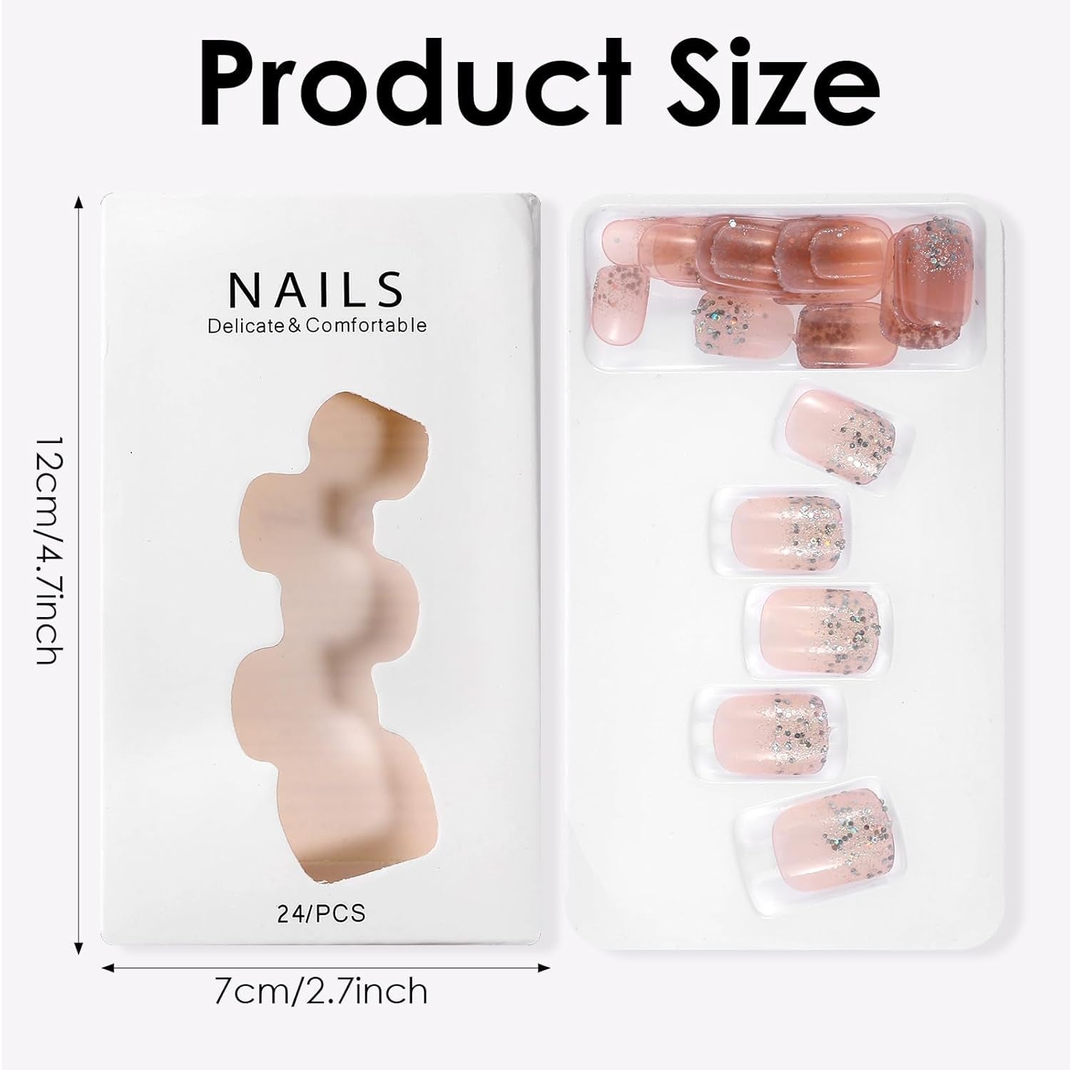 48st kort lim på naglar 2 stilar korta fyrkantiga franska naglar med nagellim och nagelfil Rosa Vit Ombre falska naglar för kvinnor