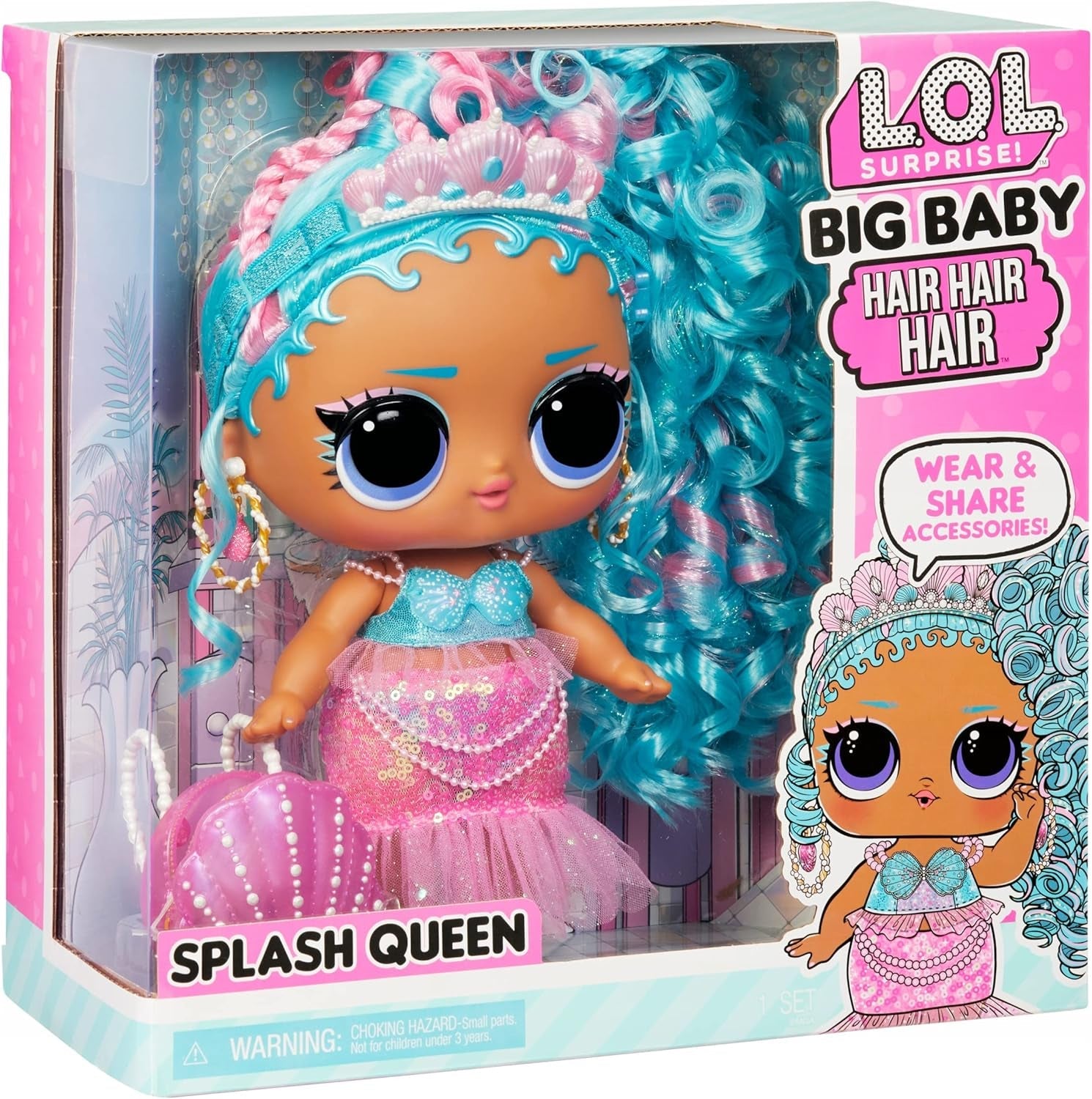 L.O.L. Överraskning! Big Baby Hair Hair Hair – SPLASH QUEEN – 27,94 cm stor Puppe med 14 Überraschungen, Accessoarer till Teilen och echten Haaren – Für Kinder und Sammler ab 4 Jahren
