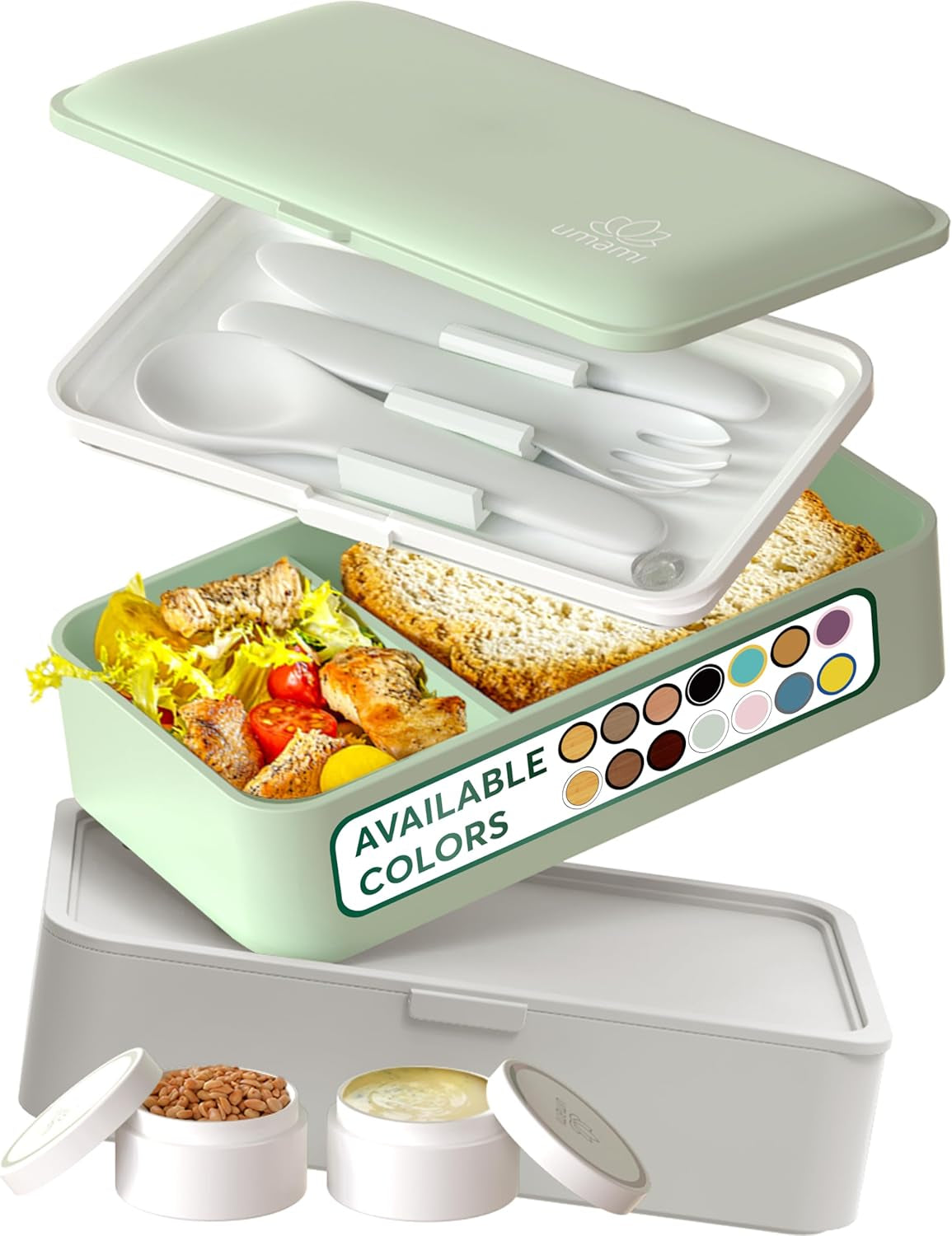 Umami Lunchbox för vuxna, läckagesäker stapelbar Bento-låda med 4 bestick och fack, Vuxen Lunchbox, To-Go-salladsbehållare, Picknick-/kontorslunchlåda, kolgrå, 1500 ml