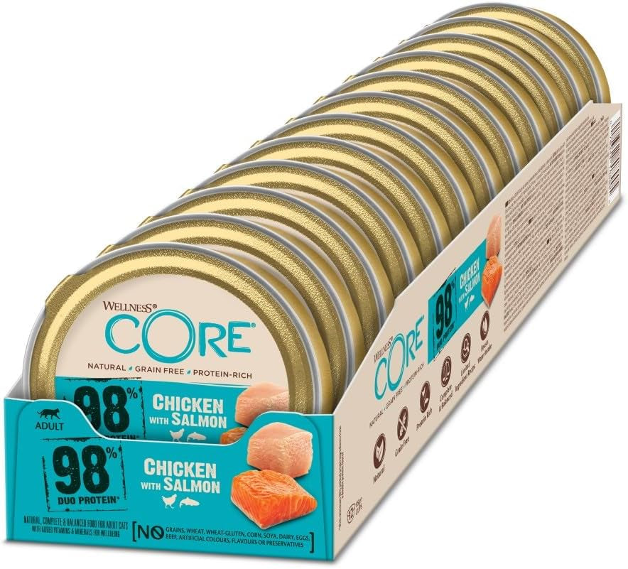 Wellness CORE 98% 12 x 85g, kyckling och lax - våt kattmat, tjock paté, spannmålsfri, naturlig, hypoallergen, hög proteinhalt, hög halt av kött