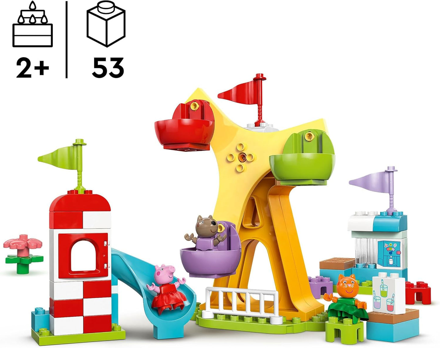 LEGO DUPLO Peppa Wutz Fairground - Barnleksaker och motoriska leksaker för åldrarna 2+ - Förskolespel med stort hjul, rutschkana och 3 figurer inklusive Mollie Kitty och Klausi Kläff - Present till barn 10453 Byggset Besuche den LEGO-Store
