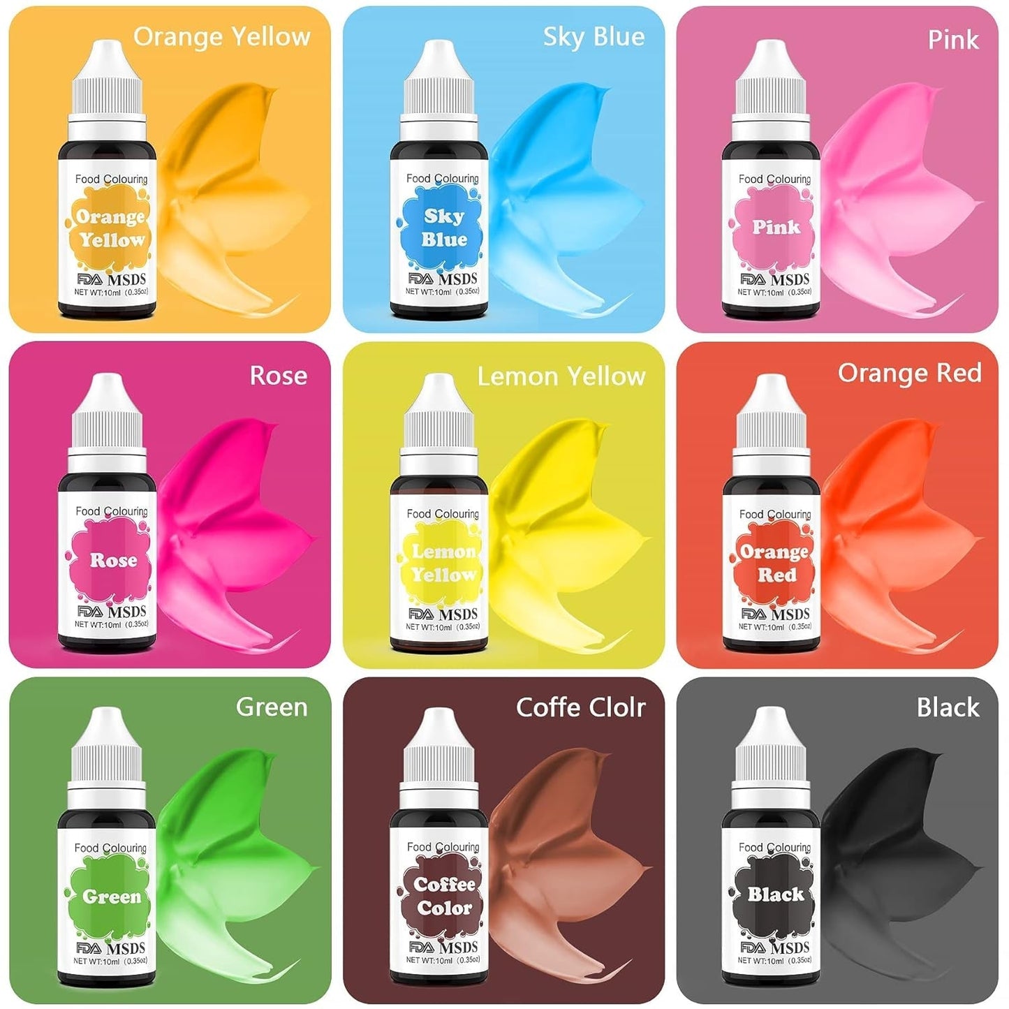 Matfärgning 9 x 10 ml, flytande matfärgning - Matfärgningsset för att dekorera kakor, macarons, munkar, fudge, glasyr, gör-det-själv-tvålar, glass, tvålfärg, spraypistolfärg