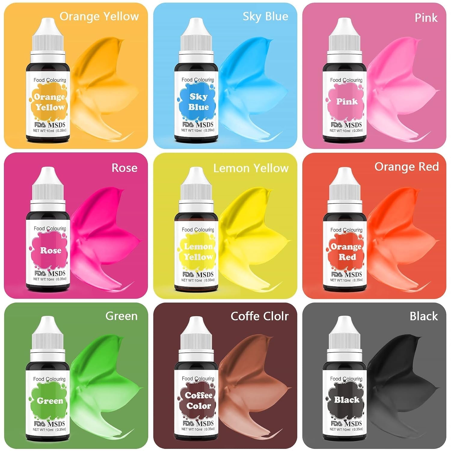Matfärgning 9 x 10 ml, flytande matfärgning - Matfärgningsset för att dekorera kakor, macarons, munkar, fudge, glasyr, gör-det-själv-tvålar, glass, tvålfärg, spraypistolfärg